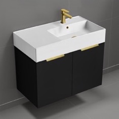 Modern Floating Bathroom Vanity, 32 inch, Matte Black, Gold Handles